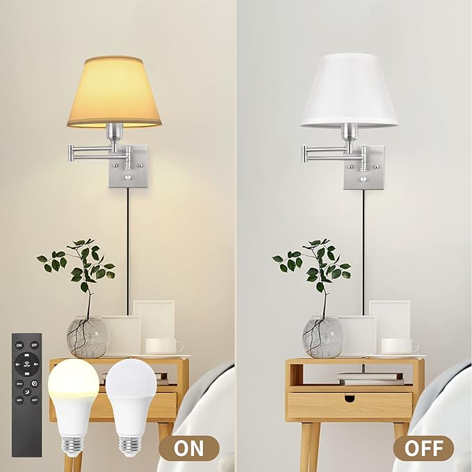 TRLIFE Wall Sconces Plug in, Remote Control Dimmable Wall Sconce and Adjustable Color Temperature 2700K-6500K, Swing Arm Wall Lights with Plug in Cord, 9.4" Medium White Fabric Shade(2 Pack, 2 Bulbs)