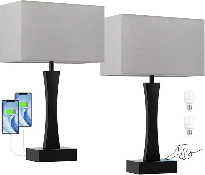 Bedside Lamps for Night Stands - 3 Way Dimmable Table Lamp for Bedroom with USB C+A Ports,Modern Bedside Lamps Set of 2, Touch Lamps for Nightstand Living Room Side Table End Tables(Bulbs Included)