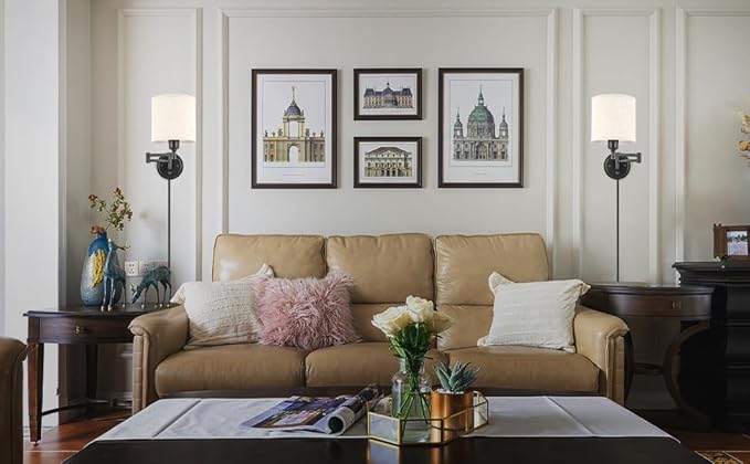 Plug in Wall Sconces with Remote Control, Dimming 10%-100% & Adjustable Colors 2700K-6500K, Hardwire or Plug-in, Swing Arm Wall Lamp with Linen Fabric Shade, Wall Sconces Set of Two, Black Finish