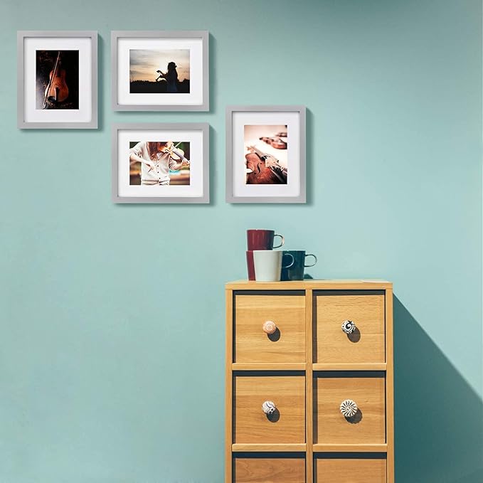 Egofine 8x10 Picture Frames 4 Pack Solid Wood Frames Covered by Plexiglass for Pictures 4x6 or 5x7 with Mat or 8x10 Without Mat, Photo Frames for Table Top and Wall Display, Light Gray