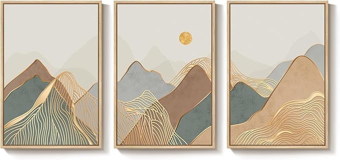 Framed Boho Mountain Wall Art for Living Room, 3 Piece Modern Minimalist Line Canvas Prints Artwork for Walls, Large Sun Nature Landscape Wall Art for Bedroom, Hallway Office Wall Decor, 24x36 Inch