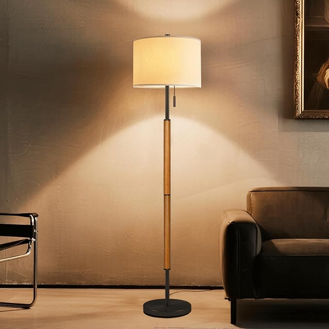 62" Brown Balck Floor Lamp for Living Room, 1200LM 3-Way Dimmable Wood Mid Century Floor Lamp for Bedroom Office, Wood Tall Lamp Linen Lampshade, LED Bulb Included