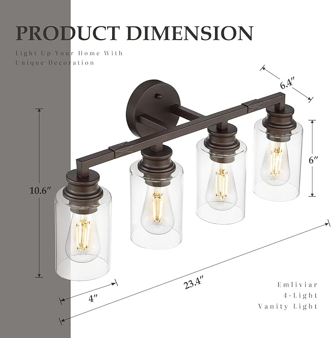 Emliviar 23 Inch Vanity Light Above Mirror for Bathroom, Oil Rubbed Bronze Finish 4-Light Wall Sconce with Clear Glass Shade, YCE253B-4W ORB