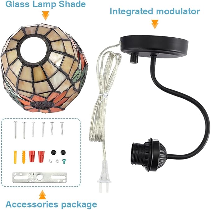 Tiffany Bedside Wall Mount Lamp with Dimmable Switch, Industrial Vintage Gooseneck Wall Sconce with Plug in Cord, Flowers Stained Glass Shade Wall Light Perfect for Bedroom, Living Room and Hotel