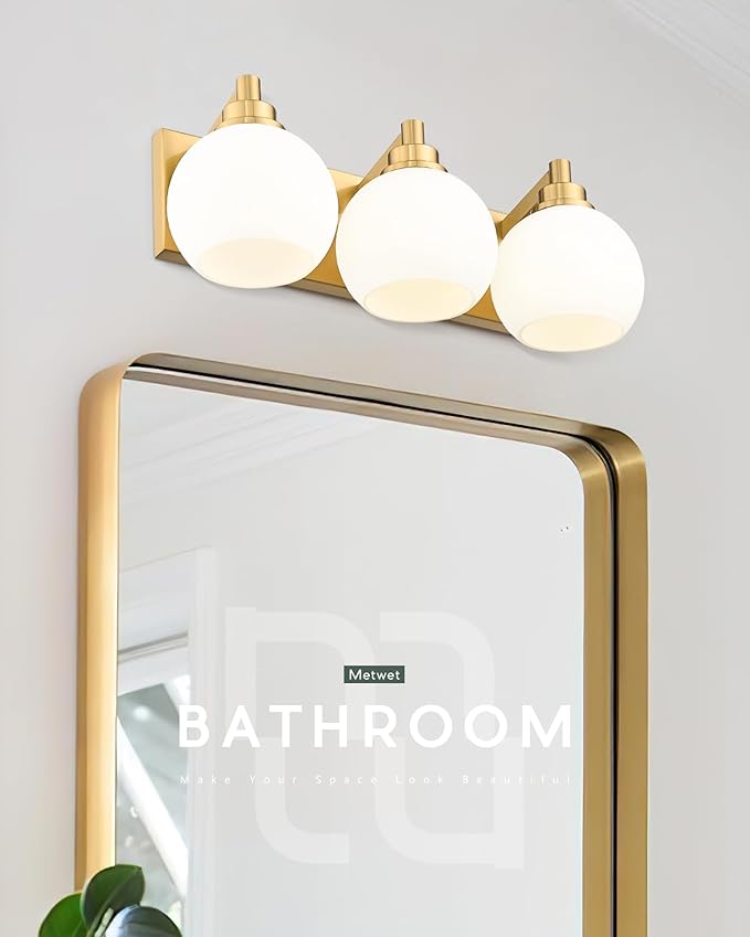 Bathroom Light Fixtures, 3-Light Brushed Gold Vanity Light, Modern Wall Sconces with Milk White Globe Glass Shade, Vanity Lighting Fixtures Over Mirror, VL195-BG-ML-3