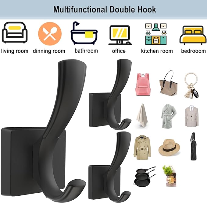 Black Towel Hooks Coat Hooks for Wall, Hand Towel Holder Robe Hook for Bathroom, Entryway Hat Hooks for Hanging Coat Towels Keys Hats (6 Pack)