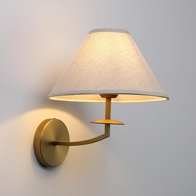 Pathson Hardwired Fabric Wall Sconce Linen Big Cone Lampshade, Vintage Wall Vanity Light Fixture Curved Arm Upwards Install, Indoor Bedside Lamp Decor for Living Room, Bathroom, Kitchen, Foyer