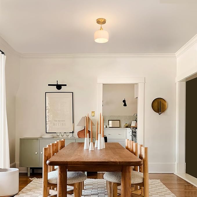 Pendant Light with White Striped Glass Lmapshade, Brass Vintage Pendant Light Adjustable Hanging Light for Kitchen Island Dining Room Hallway