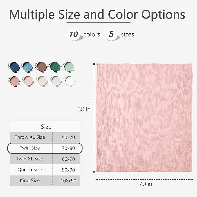 Carriediosa 100% Cotton Muslin Throw Blanket 70" X 80" Twin Size,4-Layers Summer Gauze Throws for Bed Couch,Soft Lightweight Breathable Linen Blankets Bedspread for Adults All Season,Dusty Pink