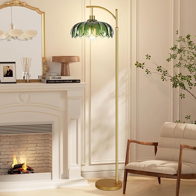Arc Floor Lamps for Living Room Gold Floor Lamp with Remote Control,Dimmable Floor Lamp with Glass Lampshade,Vintage Mid Century Modern Standing Lamp Tall Flower Lamps for Bedroom Corner