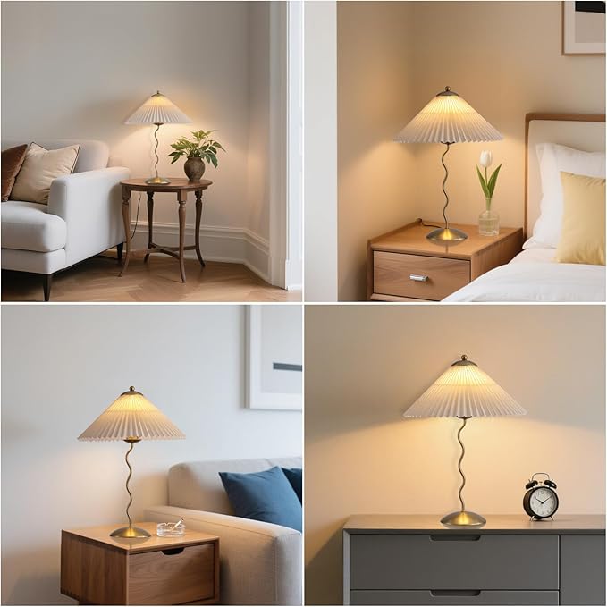 Pleated Table Lamp, S Tube Modern Table Lamp for Bedroom, Bedside Lamps with Organic Textured Linen Lampshade for Nightstand Bedroom Home Office Decor, Gold