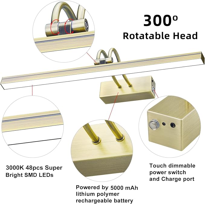 FUNCHDAY Picture Light, Wireless Rechargeable Gallery Lights with Remote, 280LM 48 LED Dimmable Painting Lighting, 16in Battery Operated Art Lights for Paintings,Wall Artwork (Antique Brass)