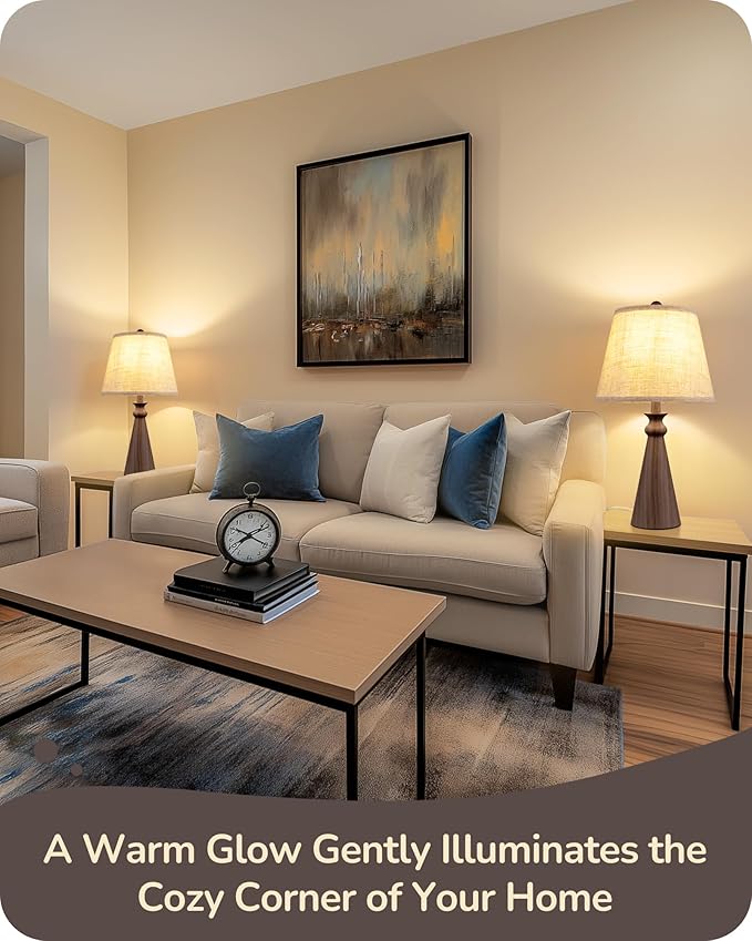 EDISHINE 21.85" Farmhouse Table Lamp, Rustic Bedside Lamp, Water Transfer Walnut Wood Grain Metal Base, Beige Linen Shade, Minimalist Nightstand Lamp for Living Room, Bedroom, Office, E26 Base