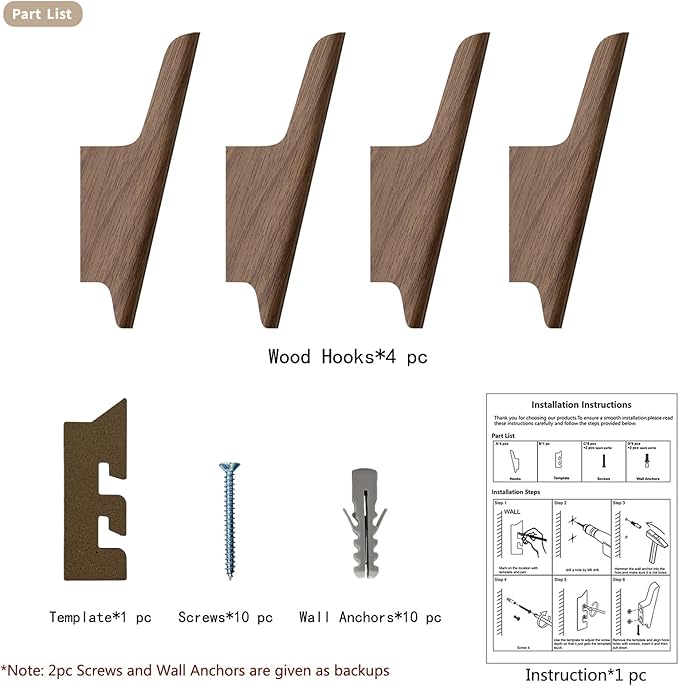 Wooden Wall Hooks 4 Pack Coat Hooks Mounted Walnut Wooden Hooks for Wall Hanging Hat, Towel, Bag, Backpack, Decorative Wood Heavy Duty Hook for Entryway and Bathroom (Walnut, Light)