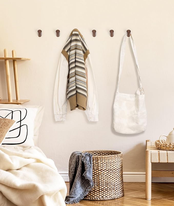 Wood Wall Hooks for Hanging, 4 Pack Hat Hook for Walls, Coat Hook Wall Mount, Backpack Hooks for Walls, Bathroom Towel Hanger (Walnut)