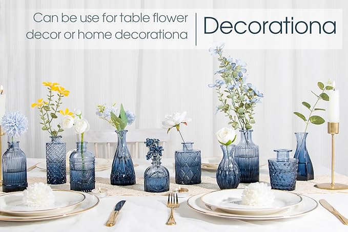 12Pcs Blue Glass Bud Vases Set, Small Vases for Flowers, Perfect for Centerpieces at Parties, Baby Showers, Weddings, Events, Graduation Season, Great Gifts for Office & Home Décor