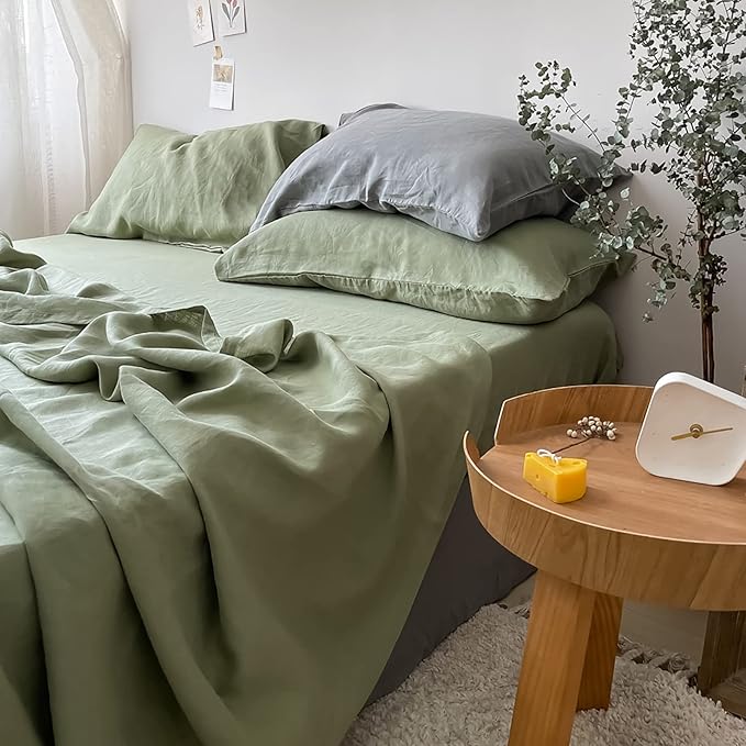 Simple&Opulence 100% Linen Pillowcases Basic Style Solid Color Set of 2, King Size Stone Washed Flax Pillow Cover Envelope Closure (20''x40'', Sage Green)