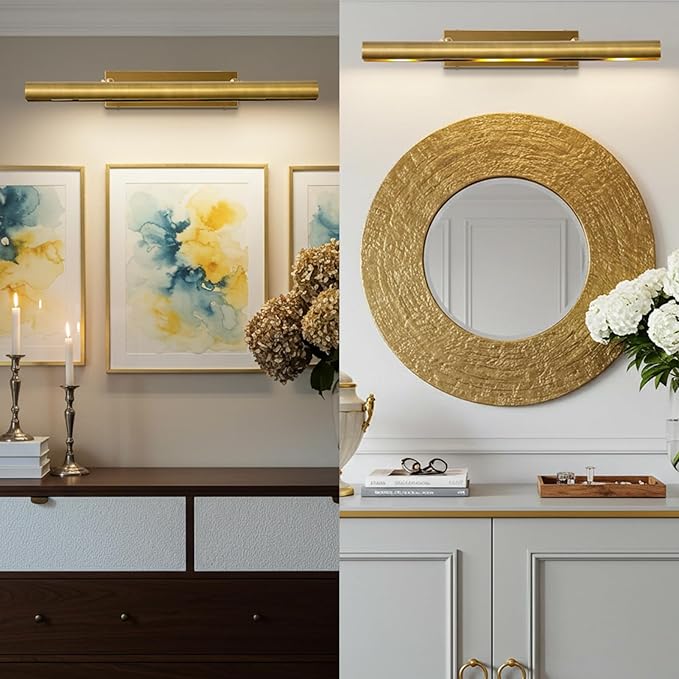Brass Picture Light for Wall Gold Wall Sconces for Gallery 24" Linear Picture Light Hardwired, 3-Light Gold Art Light, Dimmable Lamp, 270° Picture Frame Light for Bedroom, Living Room, Hallway