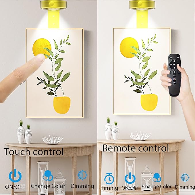 3Pcs Picture Painting Light Battery Operated with Remote Control, 16 RGB Color Magnetic Led Art Spotlight for Picture Frame Display Party Home Wall Decor Puck Light,Gold