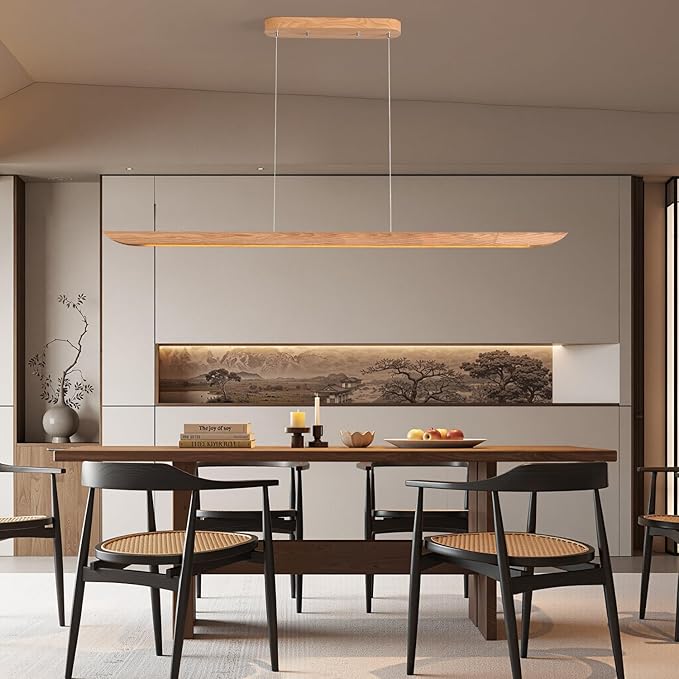 71" 40W Wood LED Linear Pendant Light Fixture,Dimmable Pool Table Island Lights,Modern Linear Hanging Chandeliers,for Dining Room Kitchen Island,Pool Table Lights,Natural Wood Color