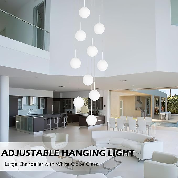 KoKo&Yukina Globe Pendant Light Adjustable Hanging Light Staircase Chandelier Milk Glass Pendant Lights with Milky White Glass Shade Globe Lights for Staircase
