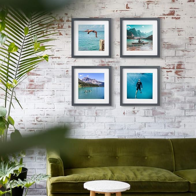 Egofine 11x11 Grey Picture Frames 4 Pack Display Pictures 4x4/8x8 with Mat or 11x11 Without Mat Made of Solid Wood for Table Top Display and Wall Mounting Photo Frame, Dark Grey