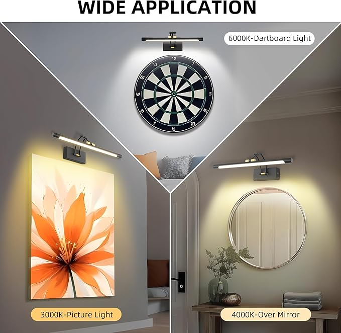 16“ Picture Lights for Wall Battery Operated, Wireless Picture Light with Remote, Rechargeable Wall Light 3000K/4000K/6000K Dimmable, Art Lighting for Paintings Frame Gallery Dartboard, Black Gold
