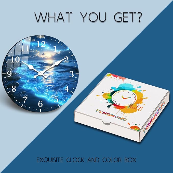Oversized Blue Tears Wall-Clock 24 inch Coast Beach Silent Clocks Battery Operated Wooden Round Wall Clock for Kitchen, Office, Living Room Wall Decor
