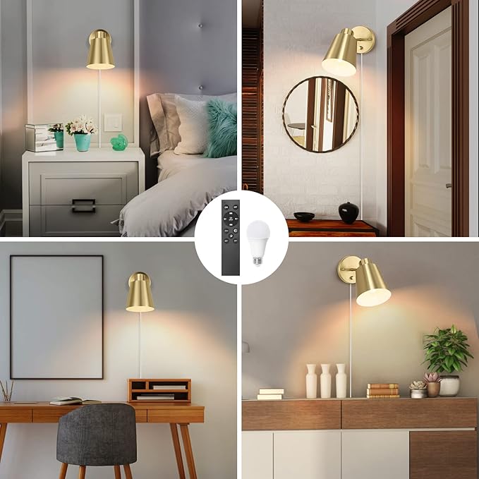 Plug in Wall Sconces with Remote Control, Adjustable Color Temperature 2700K-6000K and Dimmable Wall Sconces Gold Wall Lights with Plug in Cord for Bedroom Bedside Stairway(2 Pack, 2 Bulbs)