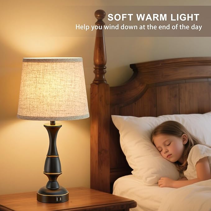 Luvkczc Touch Table Lamps Set of 2, 22" Tall Bedside Lamps with Dual USB A Ports, 3 Way Dimmable Nightstand Lamps for Bedroom, Living Room, Office, Black Lamps with Beige Lampshade, Bulb Included