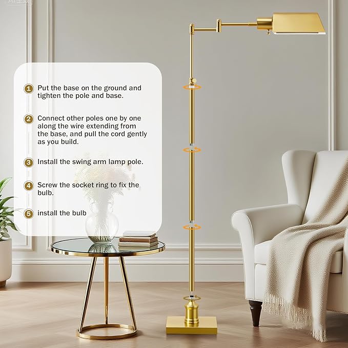 GyroVu Traditional Height Adjustable Pharmacy Floor Lamp with 350° Swing Arm, 3 Color Temperature Adjustable Standing Lamp Metal Shade for Living Room Reading House Bedroom Home Office(Gold)
