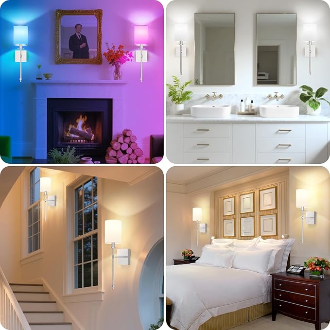 19.9 Inch Battery Operated Wall Sconces Set of 2 with Remote, Brushed Nickel Rechargeable Wireless Wall Lights with White Fabric Shade, Cordless Wall Lamps with Dimmable Detachable Bulbs for Bedroom