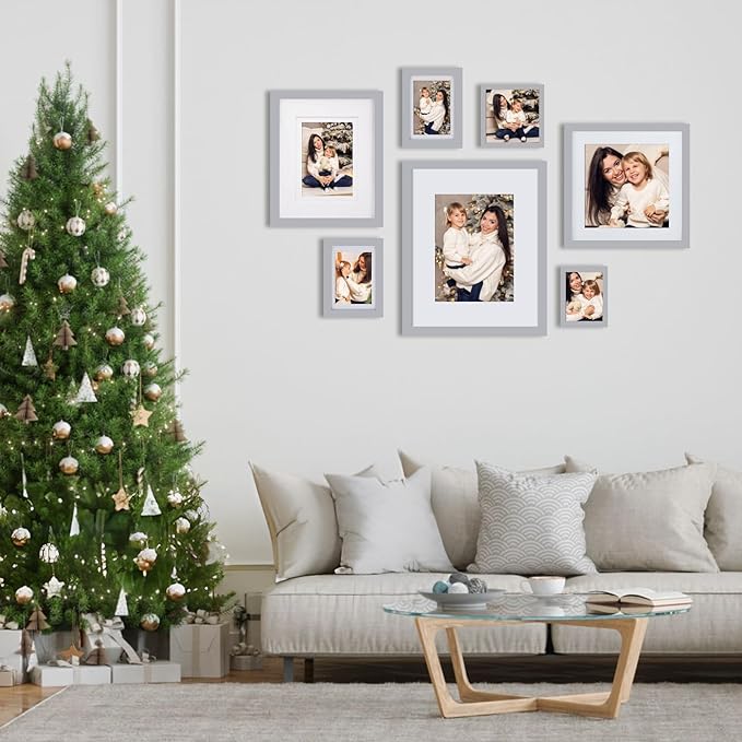 Egofine 11x14 Picture Frames, 4 Pack Display Pictures 5x7/8x10 with Mat or 11x14 Without Mat Made of Solid Wood Covered by Plexiglass for Table Top Display and Wall Mounting Photo Frame, Light Gray