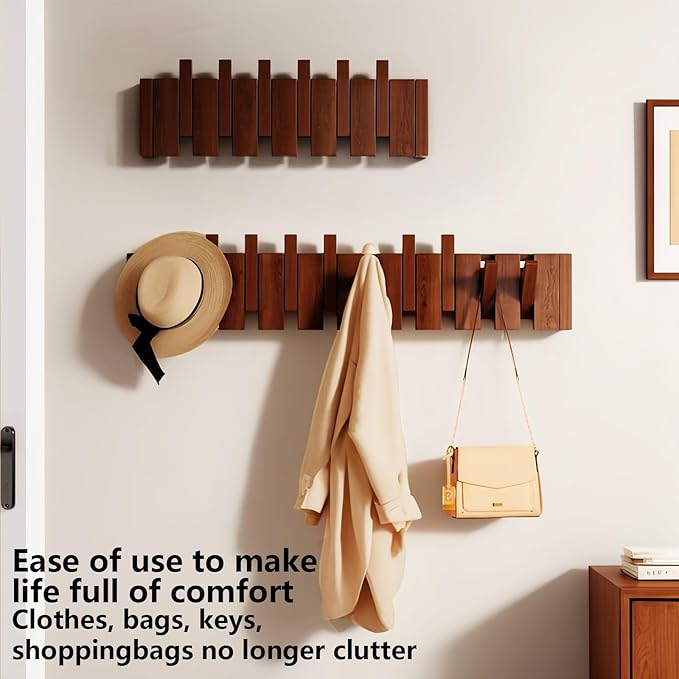 Wall Mounted Piano Key Hanger | Flip Style Hook | Entrance Wall Art Hook, Made of Oak Wood (3 Times Painted, 4 Times Polished) (Beech, 10Hooks)