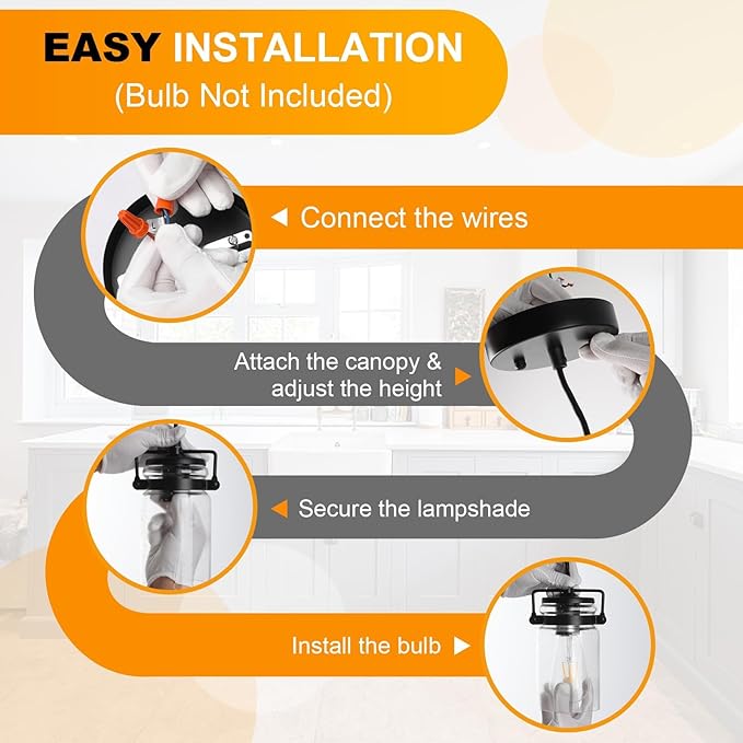 Industrial Pendant Lighting for Kithen Island, Black Pendant Light Fixture with Clear Glass Shade, Modern Mini Ceiling 3 Light Fixture Adjustable Kitchen Island Lighting(E26 Base)