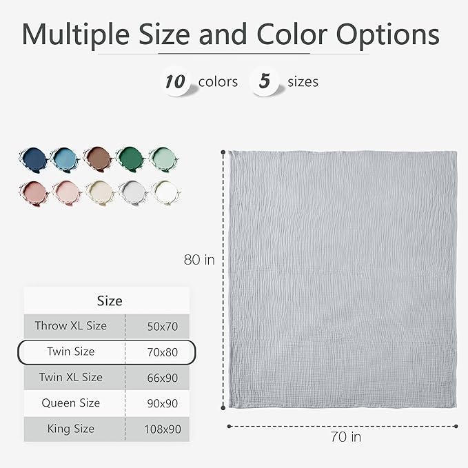 Carriediosa 100% Cotton Muslin Throw Blanket 70" X 80" Twin Size,4-Layers Summer Gauze Throws for Bed Couch,Soft Lightweight Breathable Linen Blankets Bedspread for Adults All Season,Grey