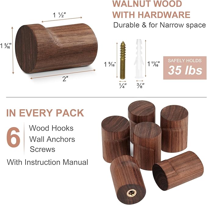 Wood Wall Hooks for Hanging, 6 Pack Rustic Coat Hooks Wall Mount, Handmade Wooden Pegs Hat Hook, Entryway Walls Hanger for Coat Purse, Boho Bathroom Towel Rack (Walnut Wood)