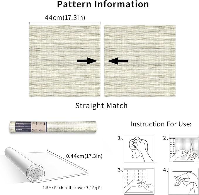 Simon&Siff Cream Textured Grasscloth Peel and Stick Wallpaper 17.7"x197" Neutral Faux Grassweave Waterproof Self Adhesive Removable Wallpaper Mural for Home Decor Bedroom Kitchen Cabinet