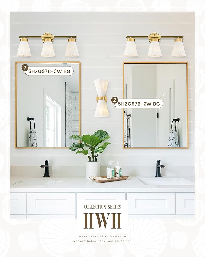 Bathroom Light Fixture, HWH 3-Light Brushed Gold Vanity Lights for Bathroom Modern Vanity Sconce Lighting Over Mirror, Wall Lamp with Frosted White Striped Glass, 5HZG97B-3W BG