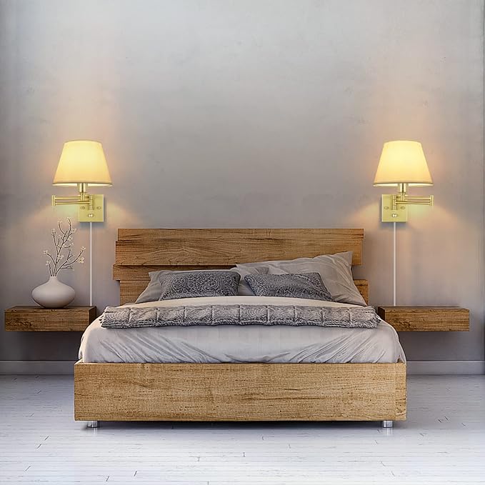 TRLIFE Wall Sconce Plug in, Brushed Brass Dimmable Wall Sconces Set of 2 Swing Arm Wall Lights with Plug in Cord and Dimmer On/Off Knob Switch, 9.4" Medium White Fabric Shade(2 LED Bulbs Included)