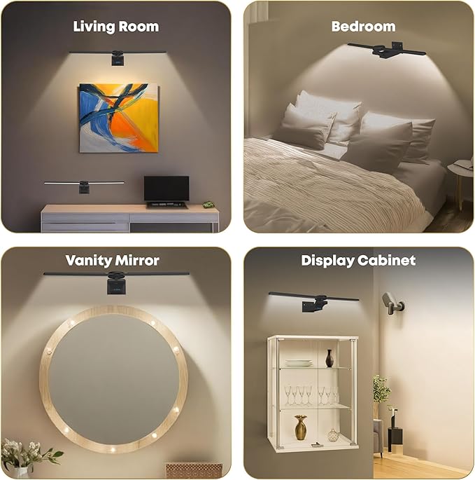 2 Pack Picture Light for Wall, 18in Rechargeable Wall Art Light with Timer and Dimmable, Painting Frame Light with Remote Control Display for Wall Painting, Frame, Portrait, Dartboard (Black)