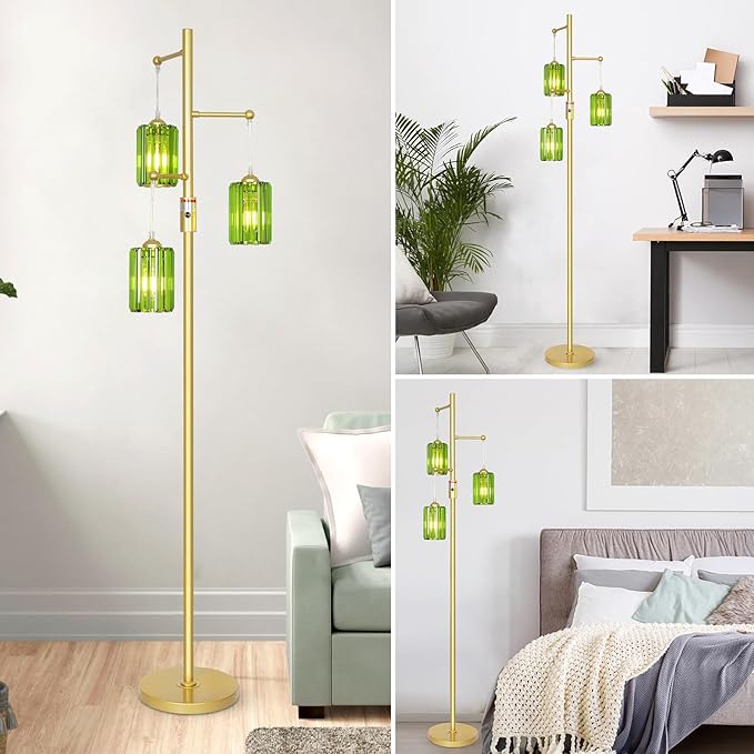 Gold Floor Lamp for Living Room with Green Crystal Shades, 3 Lights Modern Boho Tree Standing Lamp Dimmable, Dimmer Switch, 65IN Vintage Brass Tall Floor Lamps for Bedroom Office Reading Corner