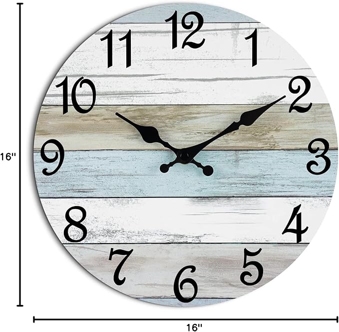 CHYLIN Wall Clock - 16 Inch Silent Non Ticking Coastal Wall Clocks Battery Operated, Wooden Rustic Farmhouse Clock Decorative for Living Room, Kitchen, Bathroom, Office (Blue)