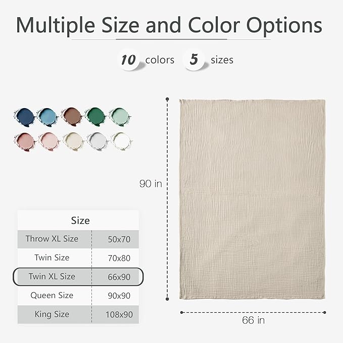 Carriediosa 100% Cotton Muslin Throw Blanket 66" X 90" Twin XL Size,4-Layers Summer Gauze Throws for Bed Couch,Soft Lightweight Breathable Linen Blankets Bedspread for Adults All Season,Khaki