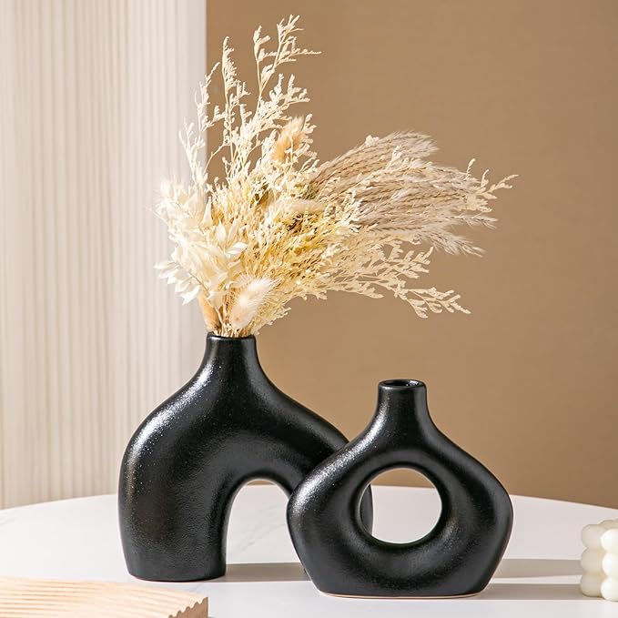 Ceramic Vase Set of 2, Black Pampas Grass Vases for Home Decor, Round Boho Vases for Flowers, Nordic Minimalism Style vase for Table Centerpiece Living Room Bedroom Shelf Decor