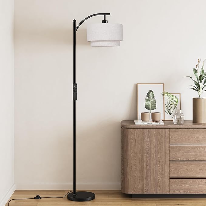 SUNMORY Floor Lamps for Living Room with 12W Remote and Dimmable Bulb, LED Arc Lamp, Modern Floor Lamps with Adjustable Double Fabric Shades, Tall Standing Lamp for Bedroom, Corner, Home Decor