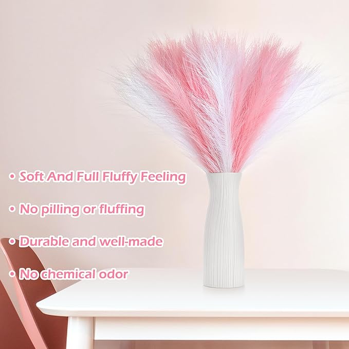60 Pcs Pampas Grass Pink White Decor 21.7" Fluffy Faux Short Pampas Grass Artificial Small Pompas Grass Flower Vase Filler for Home Wedding Decoration