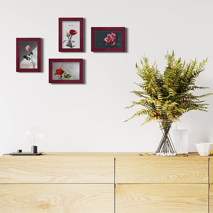 Egofine 4x6 Picture Frames Set of 4 Covered by Plexiglass - Made of Solid Wood for Table Top Display and Wall Mounting photo frame Cherry Red