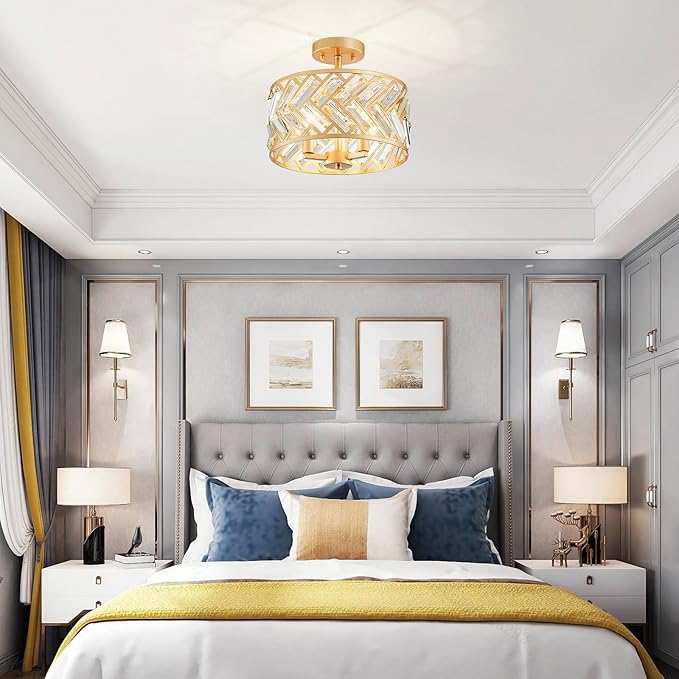 Shrine Lighting Crystal Ceiling Light, Gold Crystal Chandelier for Living Room, D12.4'' x H11.2'', E12*3 Sockets, Ctystal Lampshade & Gold Finish Frame