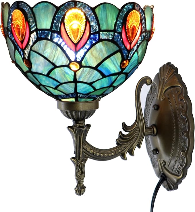 Tiffany Sconce Lamp Stained Glass Wall Lamp,8X10.5X11 Inch Plug in Wall Bedside Light for Hallway Bedroom (Brown Crystal)